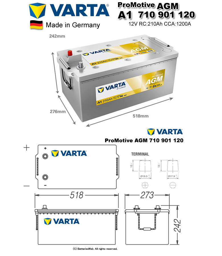 VARTA ProMotive AGM 710-901-120 サイズ イメージ